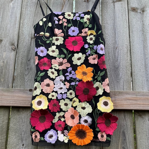 Floral Embroidered Mesh Mini Dress – Black w/ Colorful Flowers, Size L - Picture 1 of 7